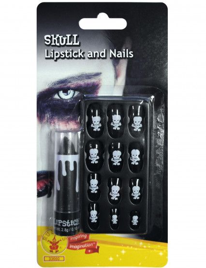 Schedel lippenstift en kunstnagels set 1
